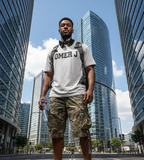 young man standing in the middle of city street