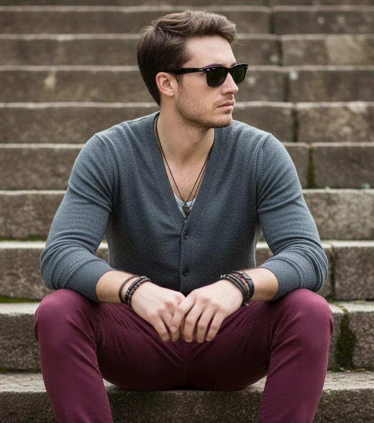 Young man figure seated on a staircase